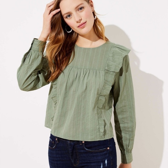 LOFT Army Green Ruffle Blouse Top Long Sleeve Cropped NWT Fall Outfit - Picture 1 of 8